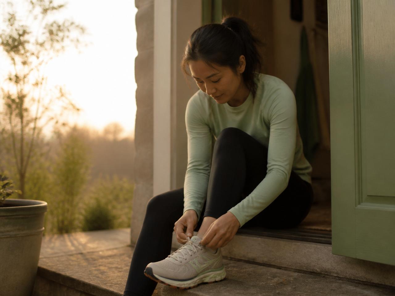 A person tying their running shoe on a doorstep at dawn